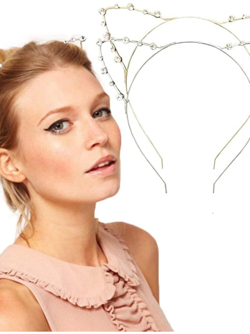 Rhinestone Cat Ears Headbands Kitty Crystal Hair Band for Women Pack of 2 Silver